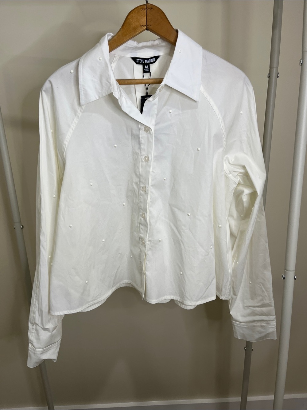 Steve Madden White Pearl-Accent Button Front Shirt